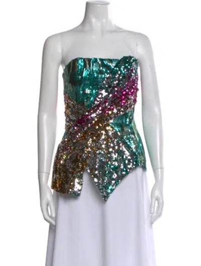 Pre-owned Halpern Patterned Strapless Top In Green