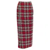 Halpern Plaid Check Tweed High Slpencil Midi Skirt In Red