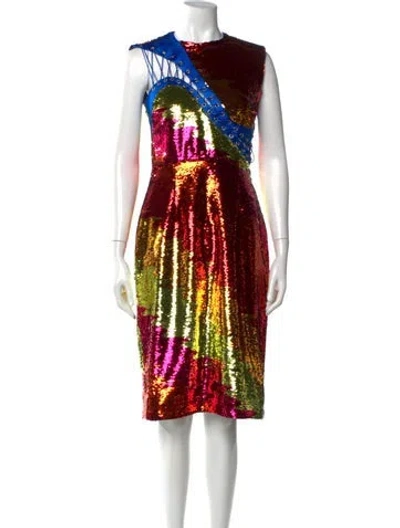 Pre-owned Halpern Printed Midi Length Dress In Red