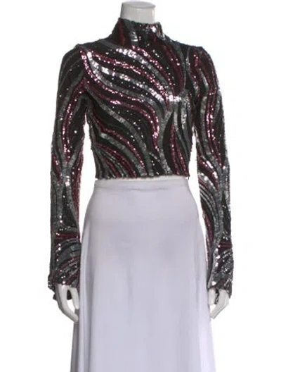 Pre-owned Halpern Printed Mock Neck Crop Top In Black