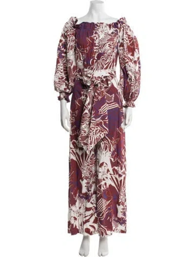 Pre-owned Halpern Printed Off-the-shoulder Jumpsuit In Burgundy
