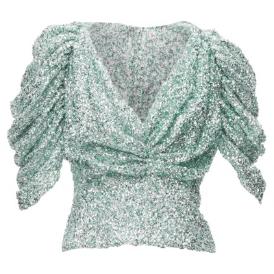 Halpern Seafoam Green Silver Sequins Deep V Puff Sleeves Top Fr36 Xs In Multi