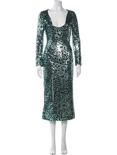 Pre-owned Halpern Sequin Midi Length Dress In Green
