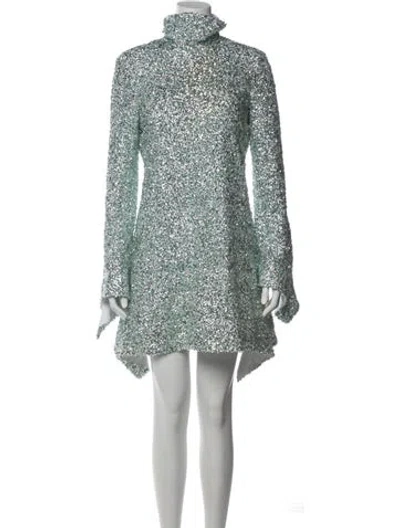 Pre-owned Halpern Turtleneck Mini Dress In Green/metallic/silver