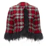 Halpern Tweed Feather Trim Cropped Jacket In Red