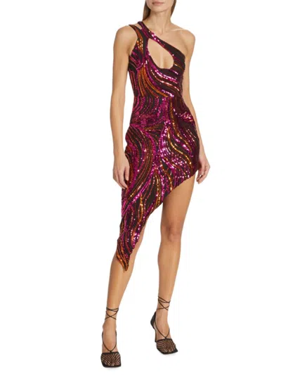 Halpern Women's Sequined One Shoulder Mini Dress In Dark Red