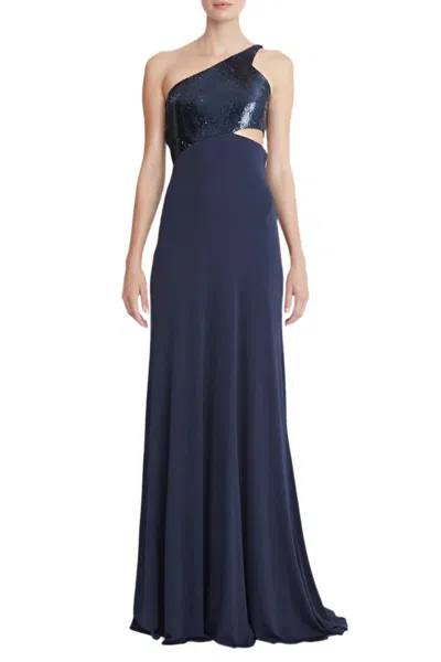 Halston 1017192 Long Formal A Line Sequin Prom Dress In Blue