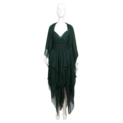 Pre-owned Halston 1970's  Green Silk Bias Cut Handkerchief Hem Dress With Wrap & Scarf