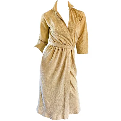 Pre-owned Halston 1970s Gold Metallic Silk Lurex Couture Vintage Disco Wrap Shirt Dress In Brown