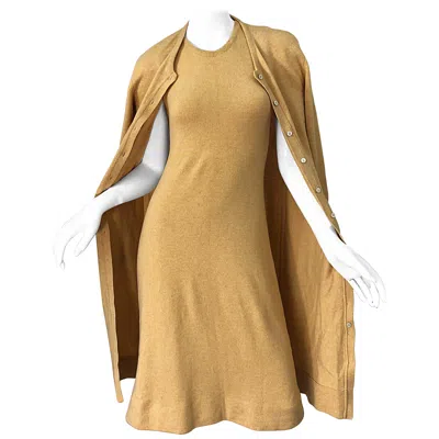 Pre-owned Halston 1970s  Cashmere Camel Tan 70s Vintage Dress And Cardigan Sweater Jacket In Brown