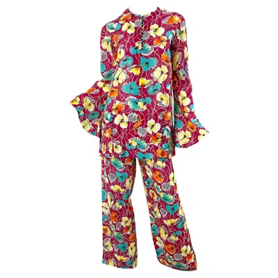 Pre-owned Halston 1970s  For Study Design Flower Silk Crepe Vintage 70s Tunic + Trousers In Brown