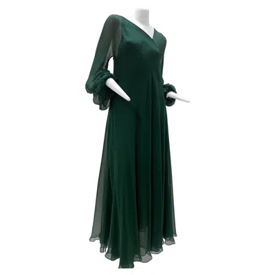 Pre-owned Halston 1970s  Forest Green Silk Chiffon Layered Bias Cut Asymmetrical Maxi Dress