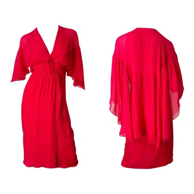 Pre-owned Halston 1970s  Lipstick Red Silk Chiffon Vintage 70s Wrap Cape Dress