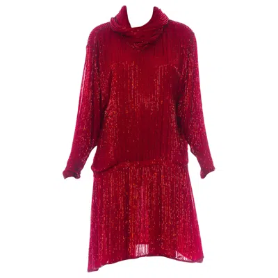 Pre-owned Halston 1970s  Red Silk Chiffon Oversized Mini Cocktail Dress Covered In Bugle B