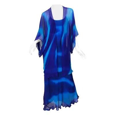 Pre-owned Halston 1970s  Tie Dyed Blue Silk Vintage 70s Dress Jacket Ensemble