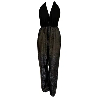 Pre-owned Halston 1970s Vintage Black Beaded Silk Halter Jumpsuit, Size 2/xs