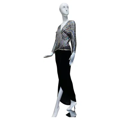 Pre-owned Halston 1980s  Multi Color Sequin Mesh Cardigan Jacket And Black Velvet Skirt Set