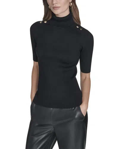 Halston 3/4 Sleeve Ribbed Turtleneck With Gold Button Detail In Blue