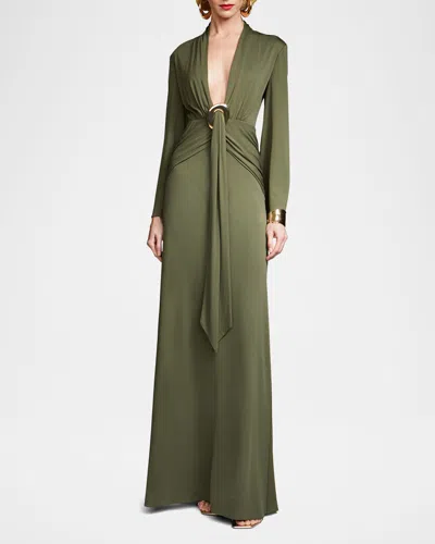 Halston Ahano Draped Deep V-neck Jersey Gown In Poison