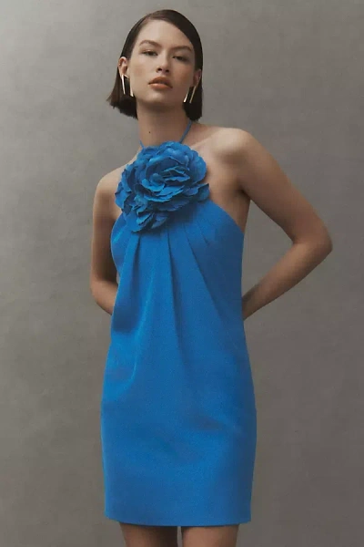 Halston Akina Halter Rosette Mini Dress In Blue