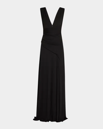 Halston Alessia Plunging Draped Matte Jersey Gown In Black