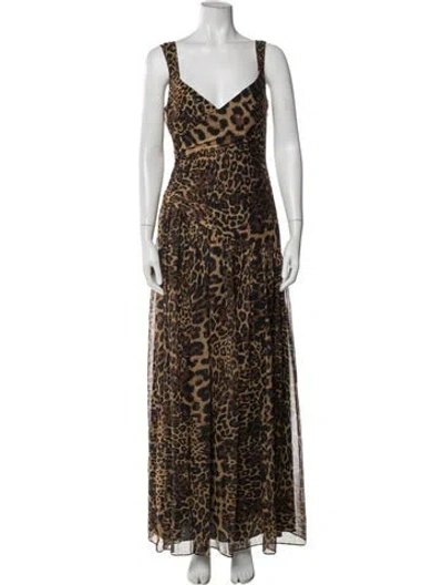 Pre-owned Halston Animal Print Long Dress W/ Tags In Brown