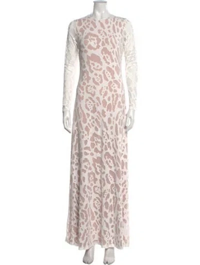 Pre-owned Halston Animal Print Long Dress In White