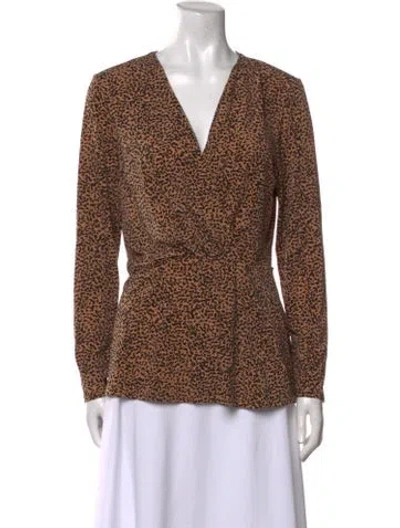 Pre-owned Halston Animal Print V-neck Blouse In Brown