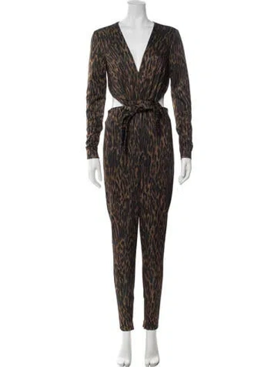 Pre-owned Halston Animal Print V-neck Jumpsuit W/ Tags In Neutrals