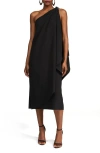 Halston Aries Draped One-shoulder Crepe Midi Dress In Black