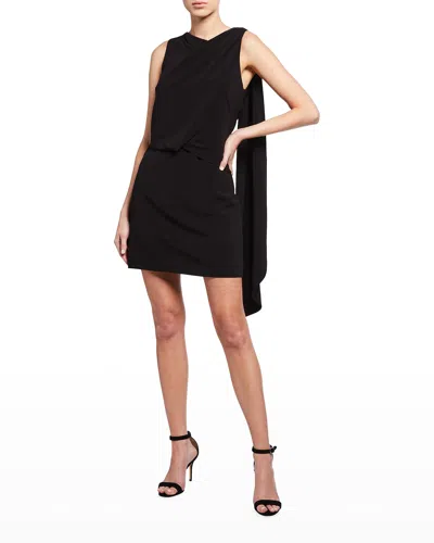 Halston Asymmetric Shoulder Drape Stretch Moss Crepe Dress In Black