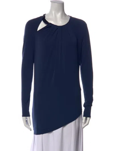 Pre-owned Halston Asymmetrical Long Sleeve Top In Blue