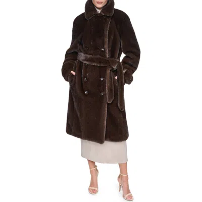 Halston Belted Faux Fur Coat In Brown