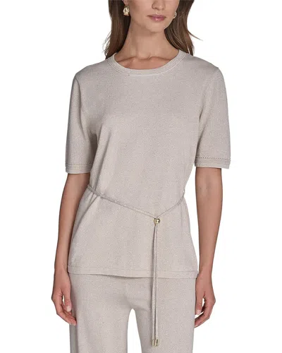 Halston Belted Short Sleeve Sweater In Gray