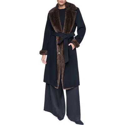 Halston Belted Wool Blend Coat With Faux Fur Trim In Black
