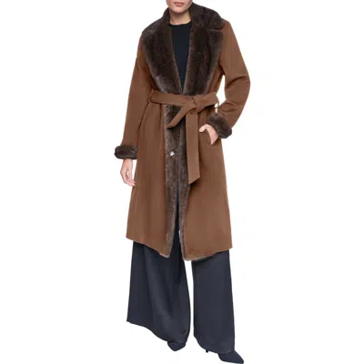 Halston Belted Wool Blend Coat With Faux Fur Trim In Burgundy