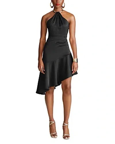 Halston Beverly Asymmetric Satin Halter Dress In Black