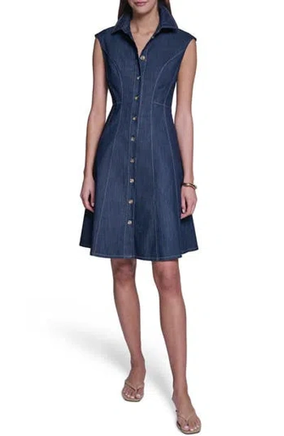 Halston Buttoned Denim Fit & Flare Dress In Blue