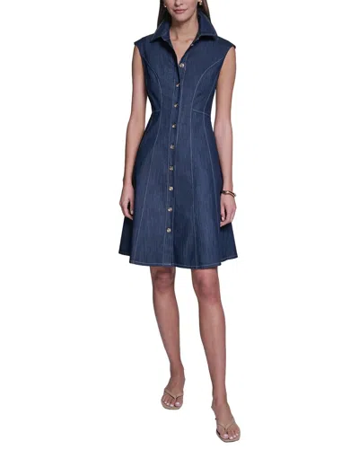 Halston Cap Sleeve Denim Shirt Dress In Blue