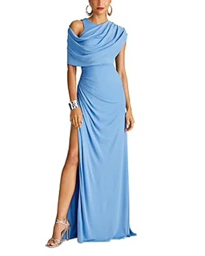 Halston Casi Side-slit Draped Jersey Gown In Tranquil Blue