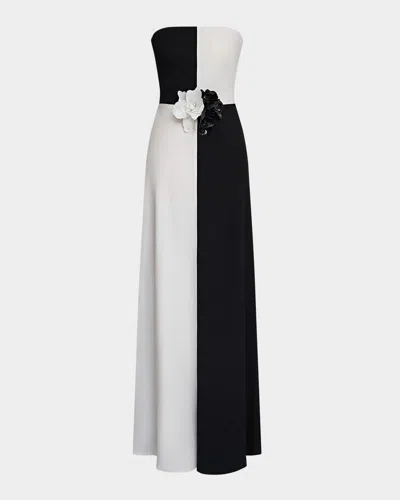 Halston Cassia Strapless Two-tone Floral Applique Gown In Blackivory