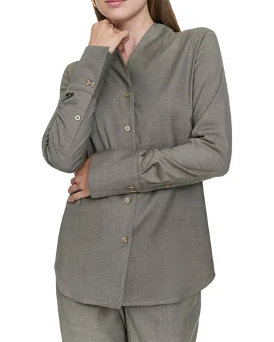 Halston Collarless Button-up Blouse In Gray