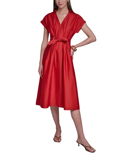 Halston Cotton Sateen Midi Shirt Dress In Red