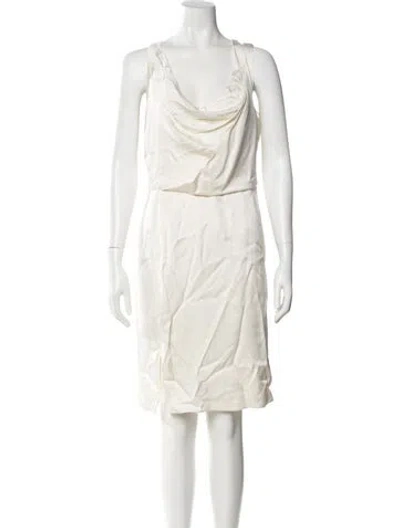 Pre-owned Halston Cowl Neck Knee-length Dress In White