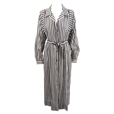 Pre-owned Halston Crinkle Cotton Striped Day Dress In Gray