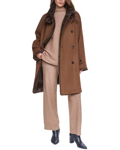 Halston Double-breasted Wool-blend Coat In Brown