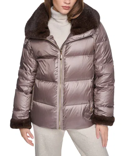Halston Down Puffer Coat In Neutral