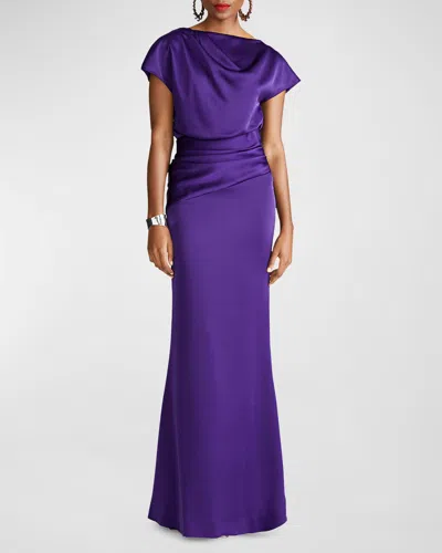 Halston Draped Satin Trumpet Gown In Purple Night