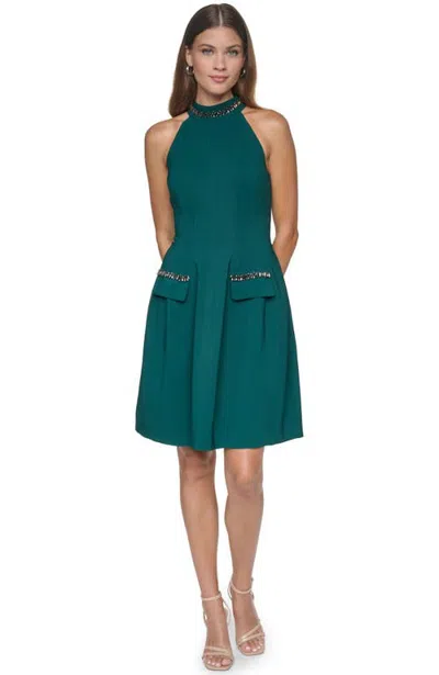 Halston Embellished Halter Fit-and-flare Dress In Green