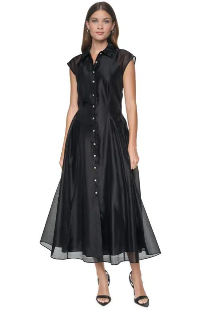 Halston Embellished Organza Midi Shirt Dress In Black